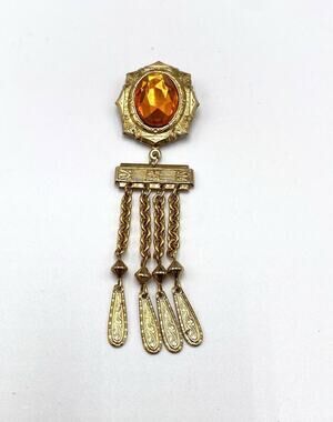 Vintage Brooch Pin Orange Acrylic Cabochon Gold Tone Dangles